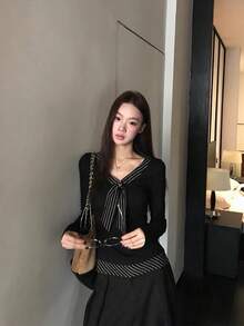Women's 2026 New Long Sleeve T-Shirt, Black Stunning Slim Fit 2 In 1 Knit Top - Black - View 5