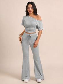 Women's Gray One-Shoulder Short Sleeve Fitted Cropped Top With Drawstring Flare Pants 2 Pieces Set, Casual Minimalist Sexy Hot Girl Style - Flecking Gray - View 7