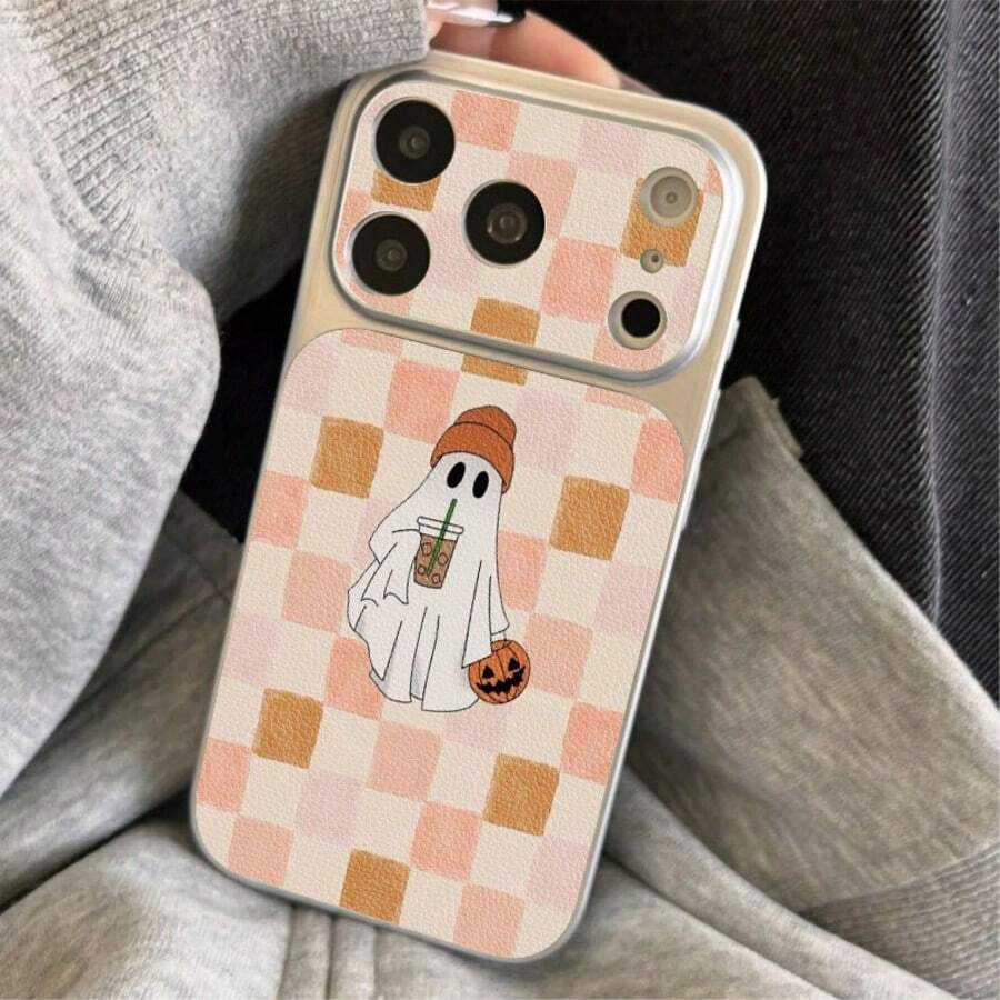 1 buah Casing Ponsel Motif Hantu Teh Susu Papan Catur Bahan TPU untuk Halloween, Kompatibel dengan Apple 17 Pro Max/17/16 Pro Max/15/13/12/11, Layar Jendela Besar, Perlindungan Penuh, Anti Jatuh, Casing Pelindung Lembut - Perak - View 1