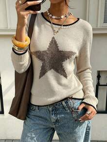 LOVE JOYY Women's Casual Star Pattern Colorblock Knit Sweater, Round Neck Long Sleeve Colorblock Top, Suitable For Daily Casual Autumn/Winter Wear - Apricot - View 5