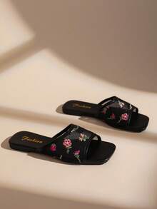 French Floral Mesh Square Toe Flat Slip-On Sandals For Women, Summer Outdoor Fairy Style Vacation Slippers - Black - View 3