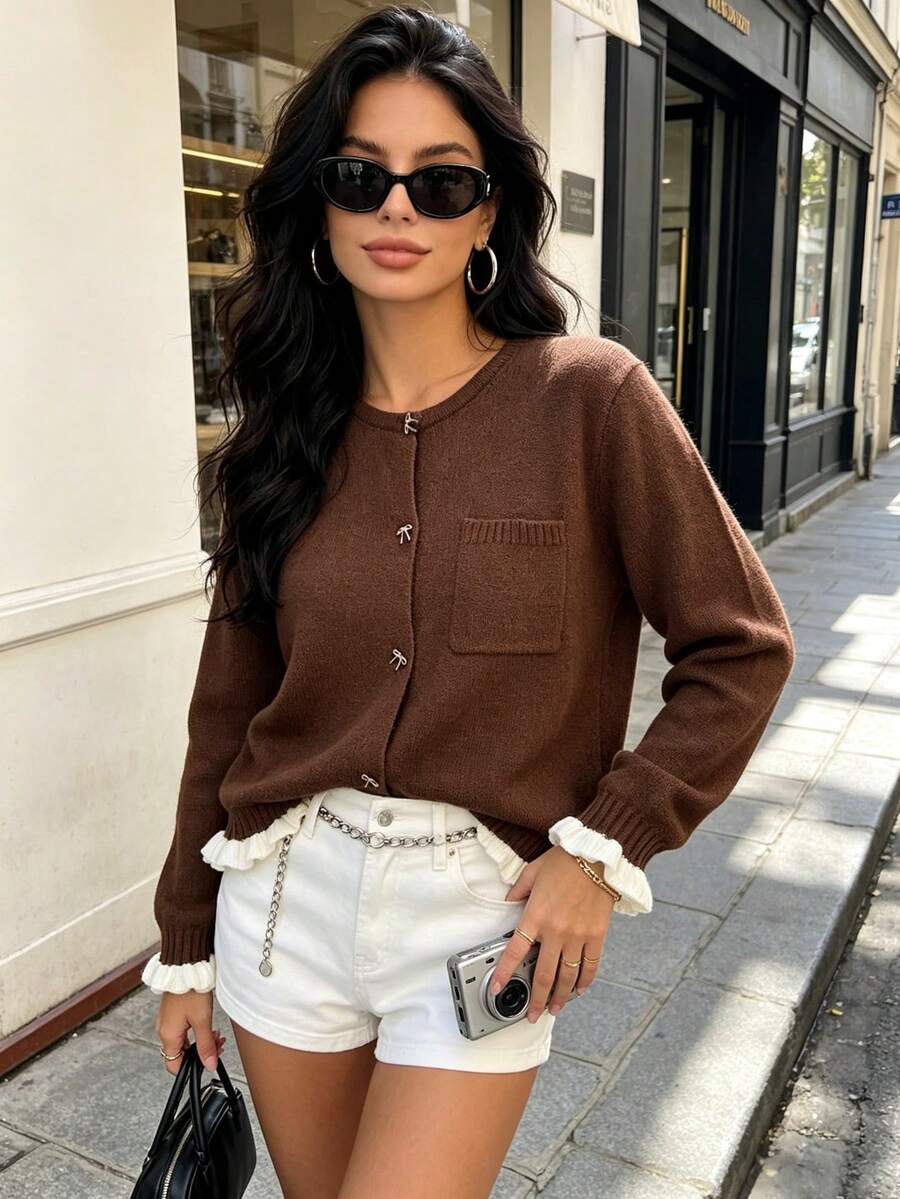 Women's Casual Bow Button Patchwork Contrast Color Pocket Knit Cardigan, Autumn/Winter - Coffee Brown - View 1