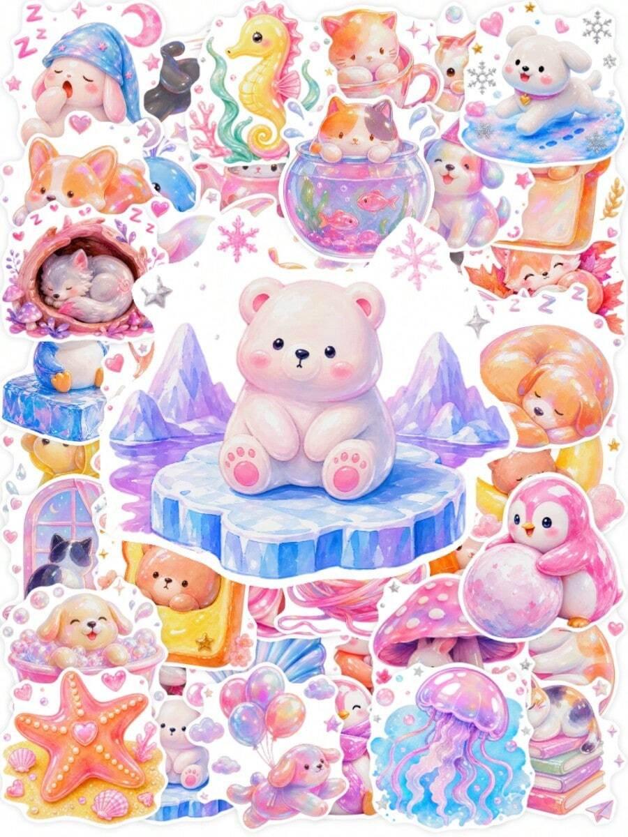 50 Pcs Cute Animals Stickers – Assorted Dog Cat Rabbit Fox Penguin Waterproof Decals For Christmas Party Favors, Easter Gifts, Birthday Goodie Bags & Journal Decor,Scrapbook Supplies - Multicolor - View 1