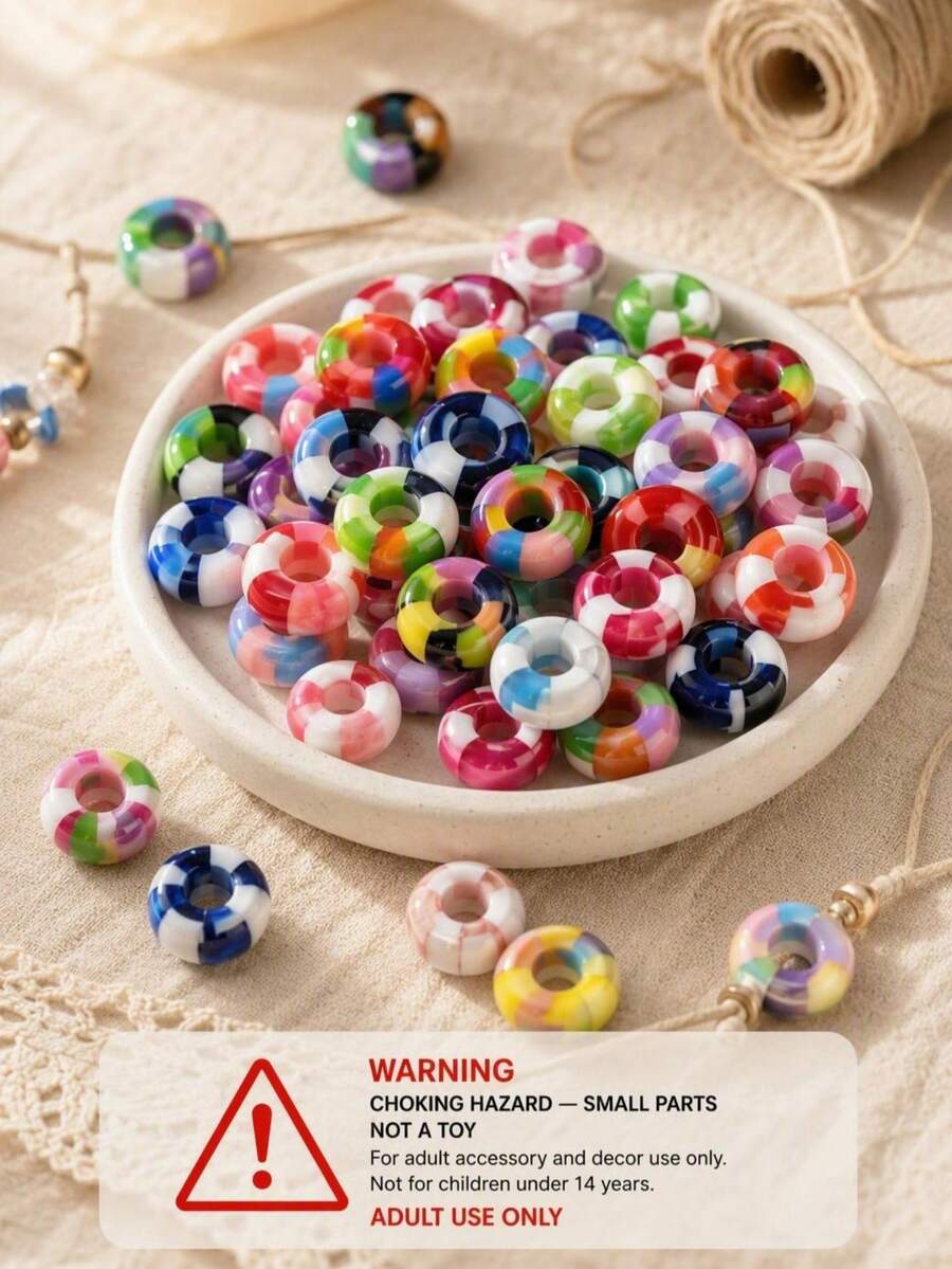 10/50/100pcs Beautiful Resin Color-Block Large Hole Beads, Flat Beads DIY Loose Beads, Jewelry Making Materials, Suitable For Necklaces, Bracelets, Earrings, Bag Charms, Hair Accessories And Other Handmade Accessories - Multicolor - View 1