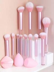 15pcs Professional Makeup Brush Set, 12pcs Aluminum Tube Makeup Brushes With 2 Large Makeup Sponges And 1 Powder Puff, Foundation Contour Blush Eyeshadow Highlighter Brushes, Complete Makeup Kit For Beginners, Ideal Gift For Girls - Multicolor - View 8