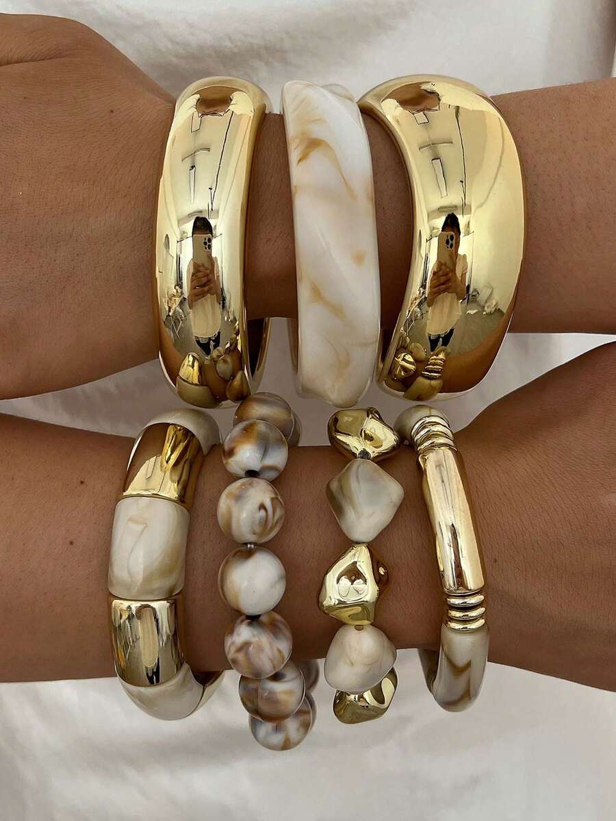 7/4/3pcs Vintage Elegant Fashion Beaded Bracelet Set, PMMA Geometric Casual Versatile, Suitable For Women's Daily Wear - Multicolor - View 1