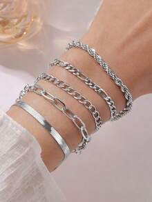 5pcs/Set New Fashion Zinc Alloy Waterproof Anti-Rust Twisted Snake Chain Bracelet Set, Suitable For Women's Daily Wear, Party Outfits And Gifts (Please Do Not Wear During Exercise Or Bathing) - Silver Five-piece Set - View 3