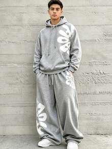 HEYKESON Men's Letter Print Hoodie & Wide Leg Sweatpants 2 Pieces Loose Streetwear Sports Set - Light Grey - View 1