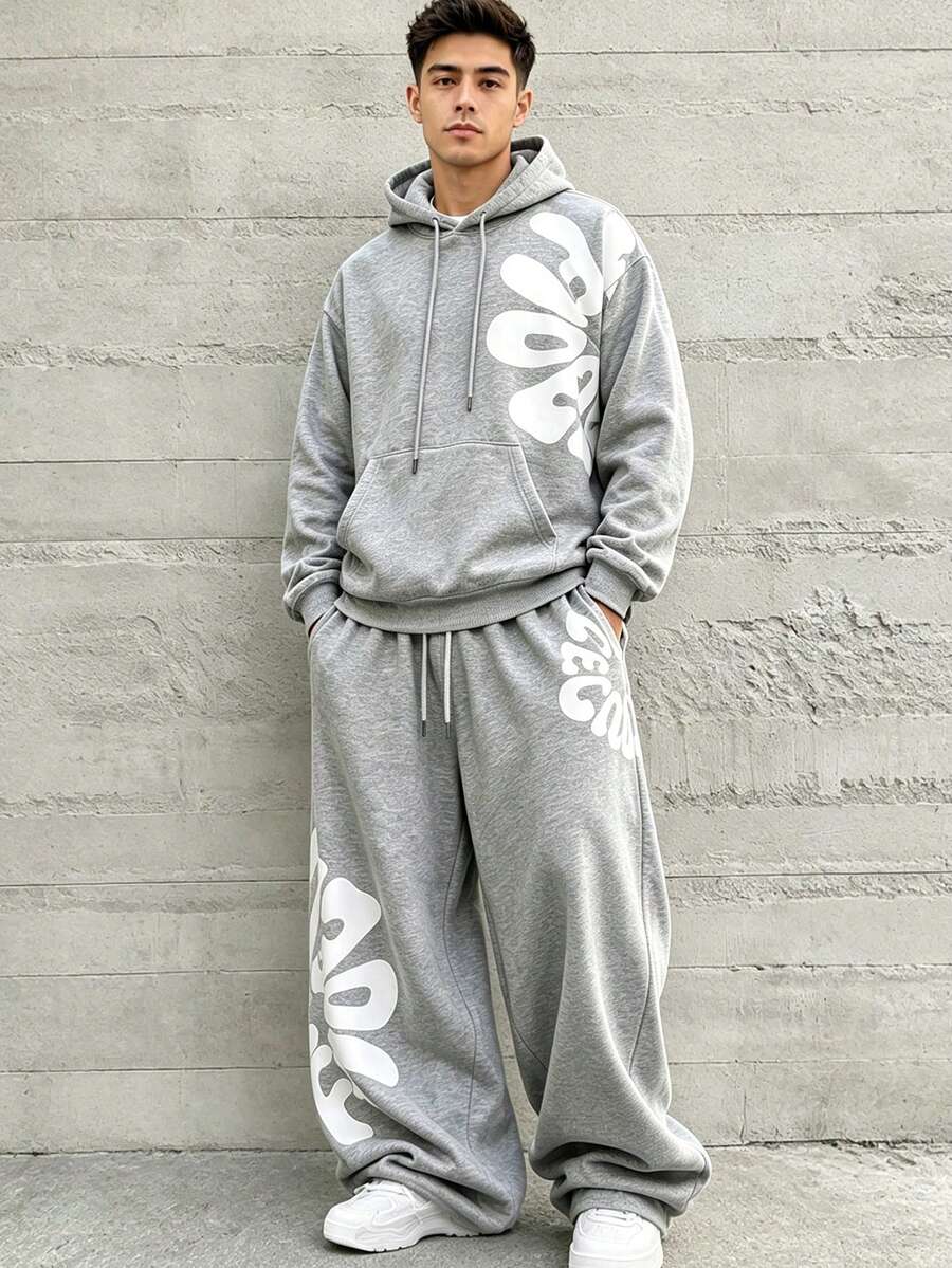HEYKESON Men's Letter Print Hoodie & Wide Leg Sweatpants 2 Pieces Loose Streetwear Sports Set - Light Grey - View 1