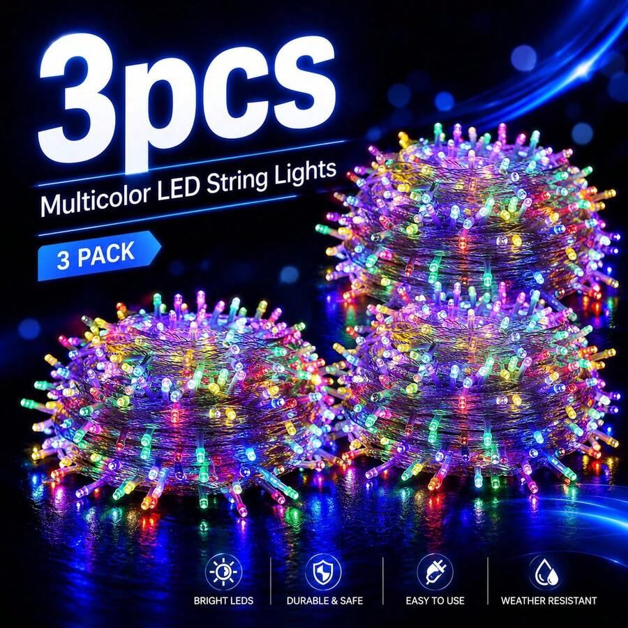 Set de 3 Piezas Cadena de Luces LED de 10M, 8 Modos de Iluminación, Impermeable, Decoración para Navidad, Fiesta, Jardín y Hogar, Varios Colores Disponibles - luz de color - Ver 1