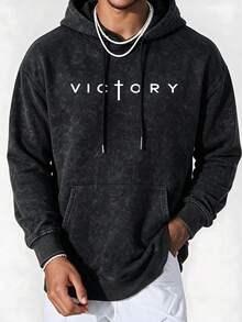 男士水洗做舊連帽衛衣，秋冬款 VICTORY 字母印花休閒寬鬆版型袋鼠口袋套頭衫 - 黑色 - 查看 5