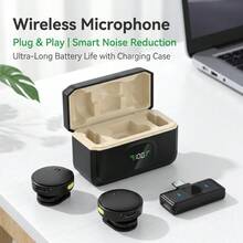 HITOZON 專業無線領夾式麥克風：即插即用、LED 顯示、便攜充電盒 - 適用於智慧型手機、電腦、相機 - 內容創作、直播、播客的理想選擇 - 黑色+米色 - 查看 2