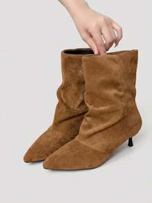 Women's Ruched Mid-Calf Boots, Pointed Toe Thin Kitten Heel Slip-On Ankle Boots, Comfortable For Daily Wear, Dating And Street Style - Khaki - View 4