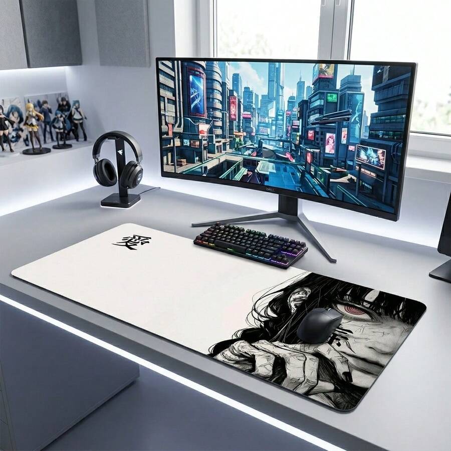 1Pc Art Black‑White Anime Girl Desk Mat, Japanese Style Unisex Mouse Pad For Anime Enthusiasts, For Office Desk Decor, Christmas Decoration, Party Gifts, Back‑To‑School Gifts & Office Supplies - Anime Girl - View 1