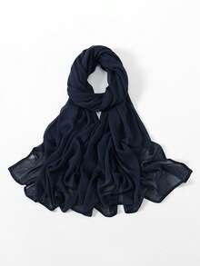 1PC Women's Solid Color Viscose Headscarf, Soft Wide-Edge Headwrap, Versatile Sun Protection Scarf Hijab, Suitable For Daily Wear - Navy Blue - View 9