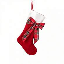 Red Christmas Stockings Retro Plaid Bow Hanging Decorative Socks For Mantel - Red - View 1