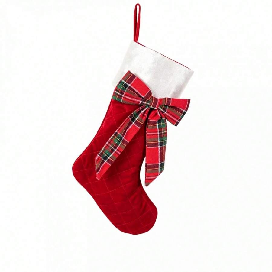 Red Christmas Stockings Retro Plaid Bow Hanging Decorative Socks For Mantel - Red - View 1