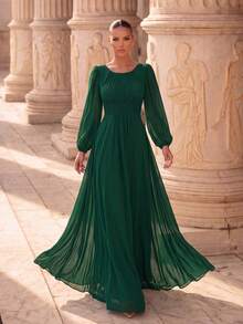 EVERPRETTY Fall Women's Dark Green Formal Evening Maxi Dress For Wedding Guests With Long Sleeves Ruched Waistband And Flowing Chiffon Mother Of The Bride Dress - Dark Green - View 4