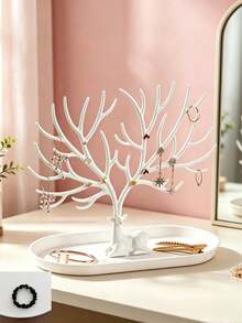 1pc Deer‑Antler Shaped Jewelry Stand, Branch‑Designed Hooks With Base Perfume Tray, Multi‑Purpose Holder For Earrings Necklaces Rings Keys, Jewelry Box Display Piece, Room Decor For Vanity Countertop, Bedroom And Holiday Gift Occasions - Multicolor - View 7