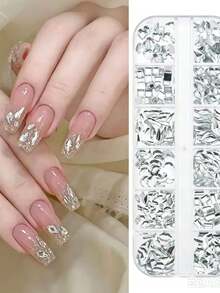1 Set Silver Irregular Nail Art Rhinestone Kit, 12-Grid Assorted Cat Eye, Teardrop, Square, Long Strip, Crescent, Rhombus Flat-Back Rhinestones With Dotting Tool, Super Shiny Glass Rhinestone Decorative Accessories, Versatile Nail Decoration, Wearable Nail DIY Craft Materials, Atmospheric Luxury Sparkling Nail Art Accessories, Exquisite Salon-Style Nail Accessories - Silver - View 1