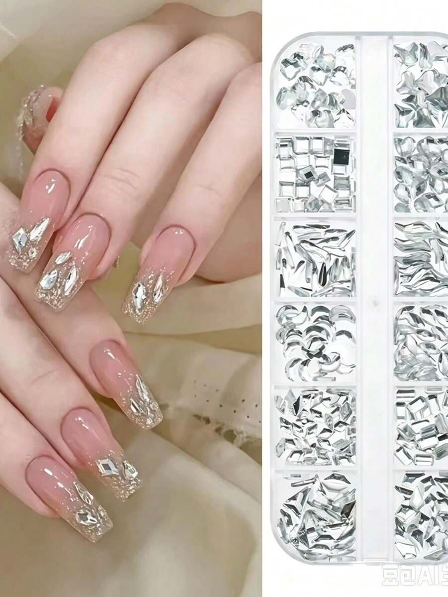 1 Set Silver Irregular Nail Art Rhinestone Kit, 12-Grid Assorted Cat Eye, Teardrop, Square, Long Strip, Crescent, Rhombus Flat-Back Rhinestones With Dotting Tool, Super Shiny Glass Rhinestone Decorative Accessories, Versatile Nail Decoration, Wearable Nail DIY Craft Materials, Atmospheric Luxury Sparkling Nail Art Accessories, Exquisite Salon-Style Nail Accessories - Silver - View 1