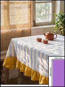 1pc Blue & White Large Plaid With Bright Yellow Ruffle Edge Tablecloth, Lively Pastoral Style Fabric Material, Rectangular Yellow Ruffle Edge Patchwork Detail Decoration, Functional Home Long Tablecloth Suitable For Family Gatherings And Vibrant Home Decor Scenes - Blue - View 11