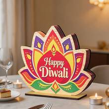 HAPPY DIWALI Party Decoration Wooden Tabletop Ornament Diwali Festival Celebration Lotus Lamp Plaque - Multicolor - View 10