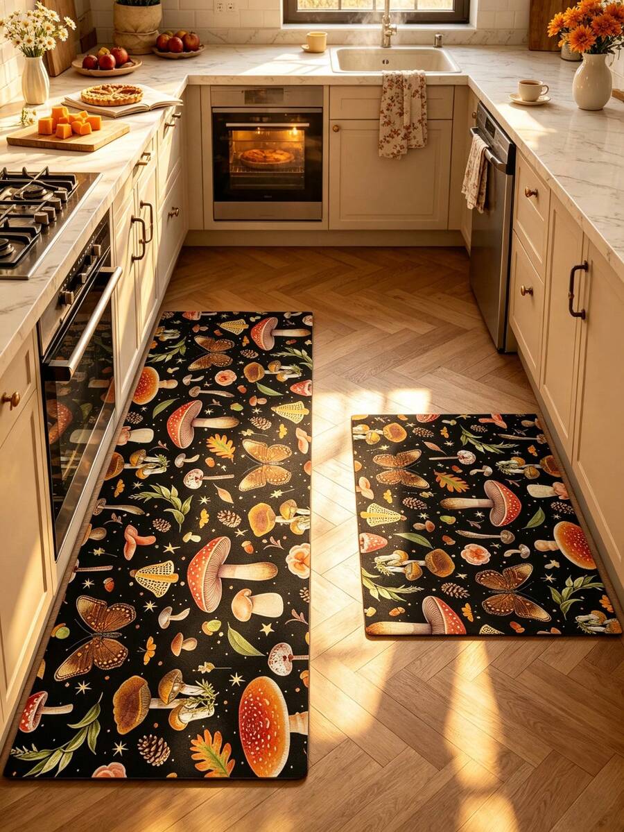 1/2pcs Diatomaceous Earth Bath Mat, Vintage Mushroom Pattern, Super Absorbent, Non-Slip, Perfect For Bathroom, Kitchen And Dining Room, Quick Dry, Ideal Home Decor And Bathroom Mat Gift, Holiday Gift! - Multicolor - View 1