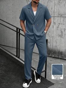 Plus Size Men's Loose Short Sleeve & Long Pants Set, Lapel Collar Woven Non-Stretch Solid Color Straight Leg Button-Up Casual Daily Commute 2-Piece Outfit - Teal Blue - View 1