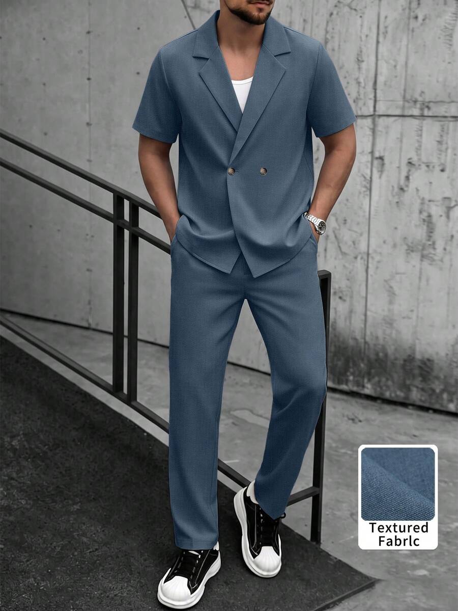 Plus Size Men's Loose Short Sleeve & Long Pants Set, Lapel Collar Woven Non-Stretch Solid Color Straight Leg Button-Up Casual Daily Commute 2-Piece Outfit - Teal Blue - View 1