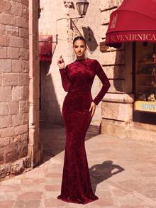Wine Red Elegant Long Sleeve Velvet Jacquard Maxi Party Evening Dress Wedding Spring - Burgundy - View 2