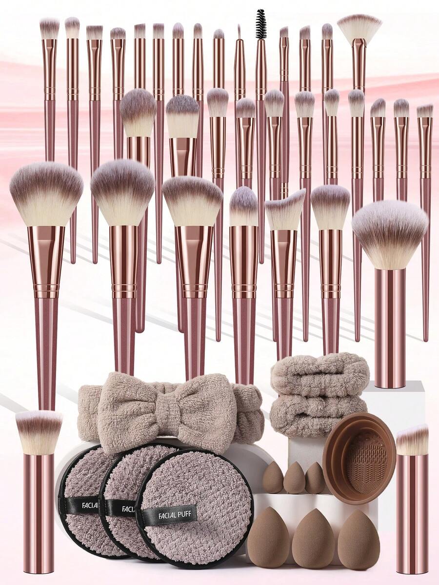 48 Pcs/3 Pcs Total Makeup Tool Kit, Including 32 Pcs Pearlescent Pink Three‑Color Makeup Brushes, 3 Pcs Short Flat Base Brushes And 13 Pcs Makeup Accessories, For Quick Foundation Spreading And Even Skin‑Friendly Base Makeup Results. - Multicolor - View 1