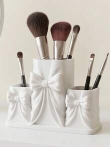 1pc Cream White Bow Makeup Storage Box, 3D Embossed Bow Design, Suitable For Makeup Brushes, Lipsticks, Eyebrow Pencils, Bedroom Vanity, Holiday Gift - Multicolor - View 2