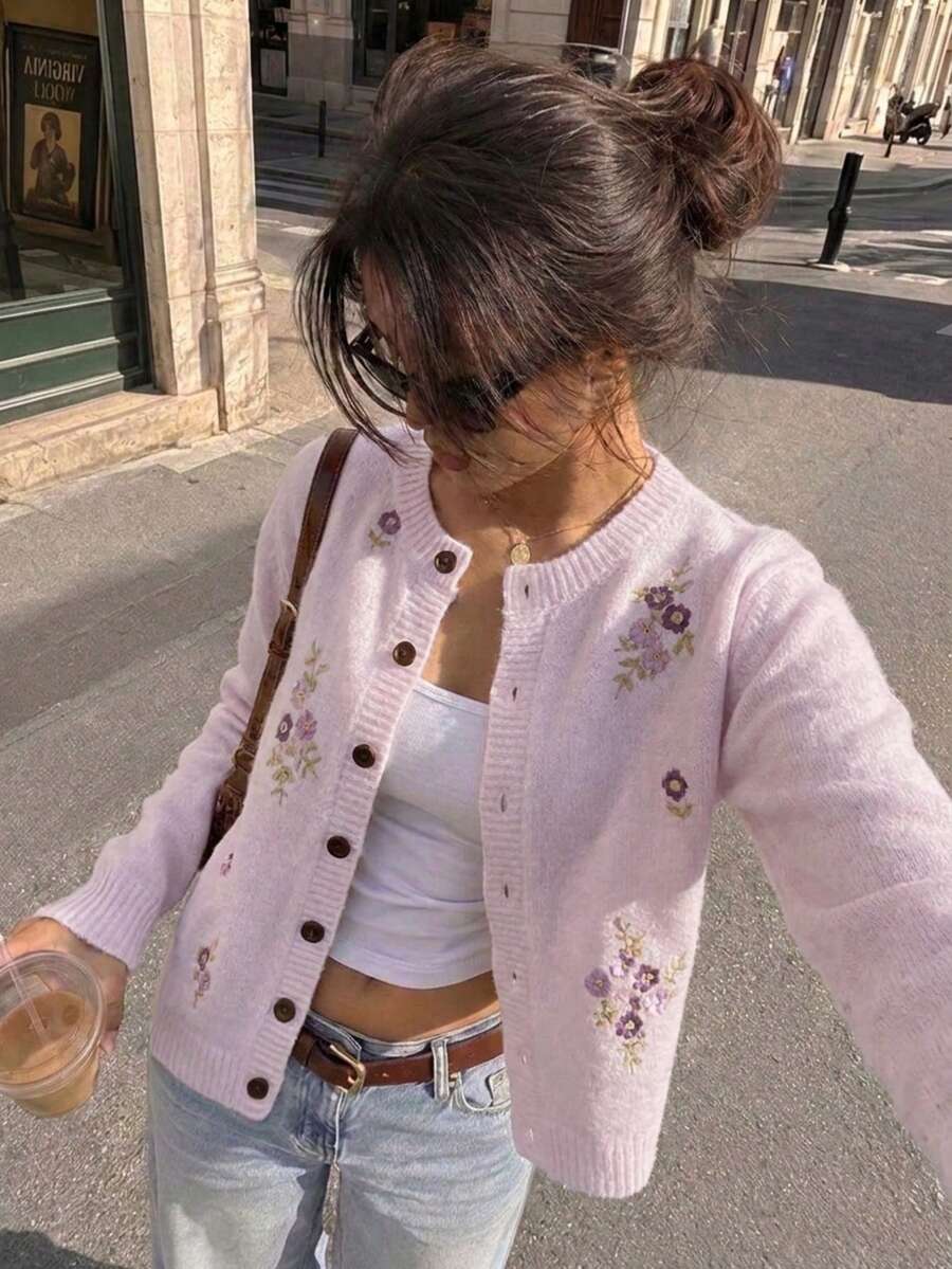 Cardigan Rajut Motif Bunga Merah Muda untuk Wanita, Sweater Kancing Depan Motif Bunga Ungu, Atasan Lengan Panjang Lembut untuk Pakaian Musim Semi dan Gugur - Mauve Purple - View 1