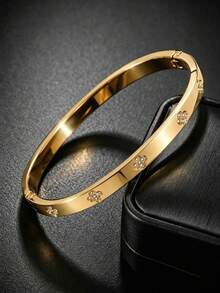 1pc Minimalist Lucky Four Leaf Clover CZ Bangle, 18K Gold Plated Stainless Steel, Unisex Daily Wear Jewelry - Gold - View 1