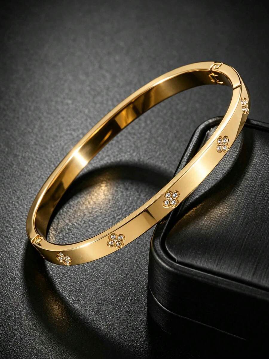 1pc Minimalist Lucky Four Leaf Clover CZ Bangle, 18K Gold Plated Stainless Steel, Unisex Daily Wear Jewelry - Gold - View 1