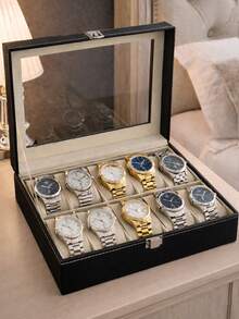 Estuche Organizador De Relojes Con 10 Compartimentos Caja Exhibidora De Piel Sintética Con Tapa De Cristal Y Almohadillas Removibles Almacenamiento Elegante Para Relojes Y Smartwatches - Negro - Ver 4