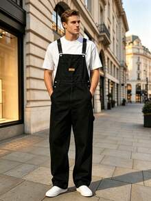 Men's Black Denim Dungarees Chest Pocket Multi Pocket Overalls - Black - View 8