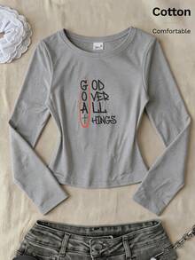 Autumn Women's Slim Fit Long Sleeve T-Shirt With Black Letter Graphic 'GOD OVER ALL THINGS' And Red Oval Accents, Crew Neck Pullover Top - Grey - View 2