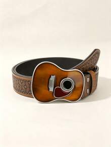 1pc Valentine's Day, Carnival, Halloween, Christmas, Birthday Gift, 3D Guitar Head Buckle Belt, Handmade Embossed Floral Pattern PU Belt - Brown - View 4
