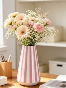 1pc Retro Striped Tapered Decor Vase, Versatile Tabletop Floral Container, Aesthetic Room Accent For Bedroom Living Room Home Decor - Cylindrical Stripes - View 4