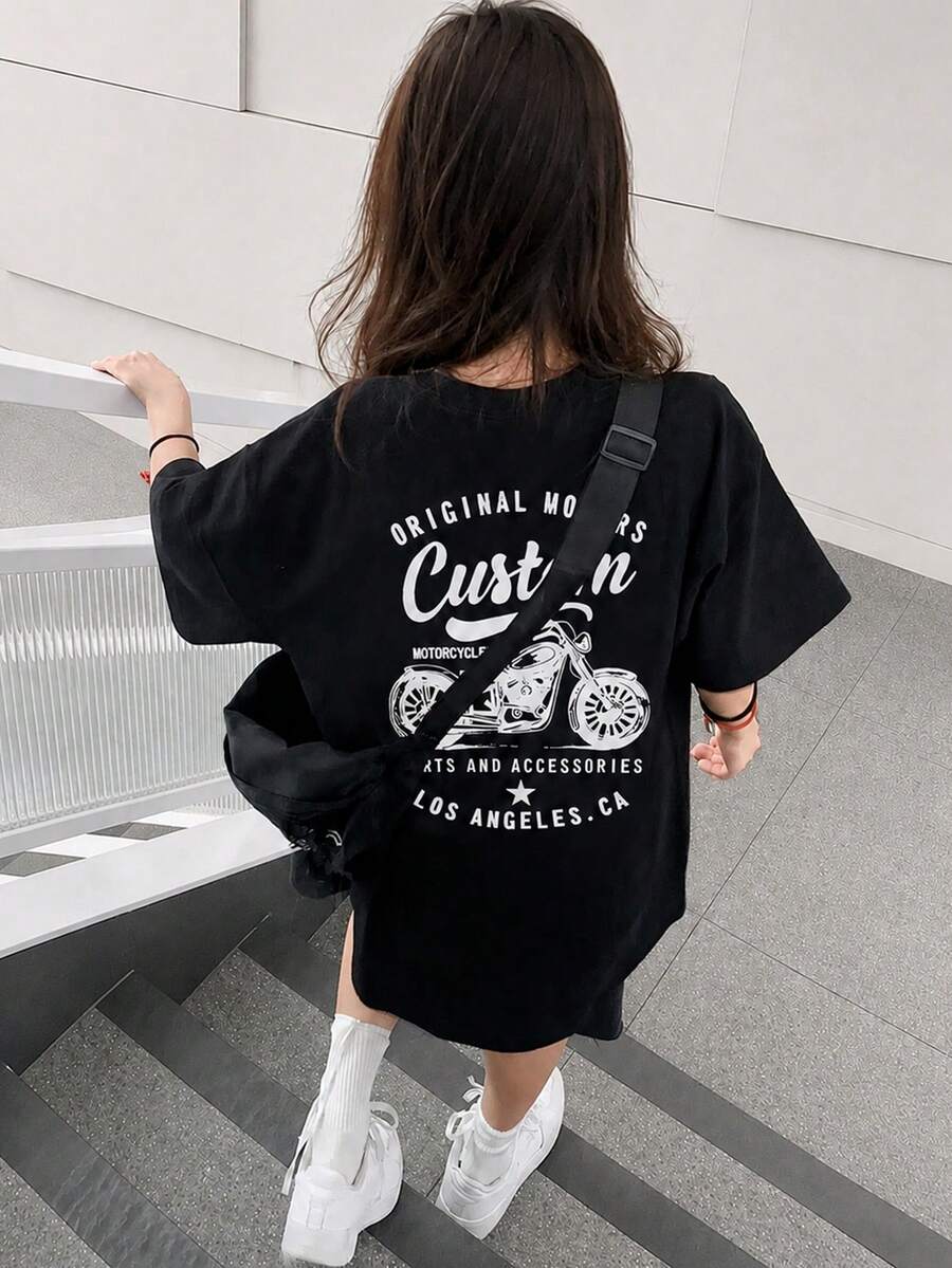 Women's Casual Loose Fit Round Neck Letter & Motorcycle Graphic Print Short Sleeve T-Shirt, Versatile For Spring/Summer Black - Black - View 1