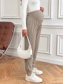 Pregnant Women's High-Stretch Khaki Maternity Jogger Pants: High Waist Belly Support For Work, Lounge & Daily Activities - Khaki - View 4