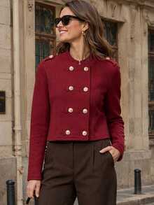 TF.MLN Vintage Street Style Solid Red Spring Women's Fashion Double-Breasted High Street Short Jacket - Red - View 1