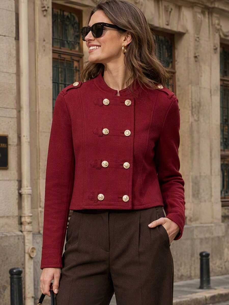 TF.MLN Vintage Street Style Solid Red Spring Women's Fashion Double-Breasted High Street Short Jacket - Red - View 1