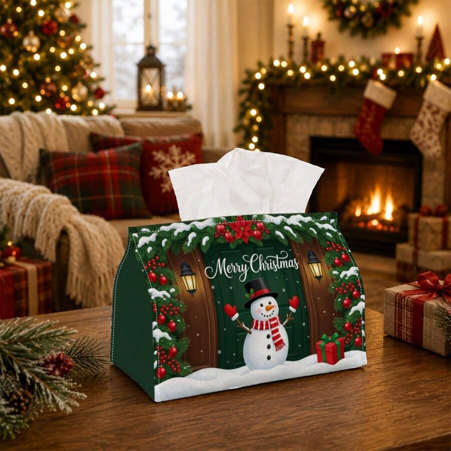 1pc Winter Christmas Snowman Porch Wreath Print Tissue Box, Multi-Functional Napkin Holder, Fits Roll Paper, Facial Tissue, Single Sheet Napkins, Holiday Atmosphere Decorative Tissue Storage Box, Suitable For Christmas Home Living Room Decor, Car Decoration, Christmas Party Tabletop Soft Decoration Gift Tissue Box