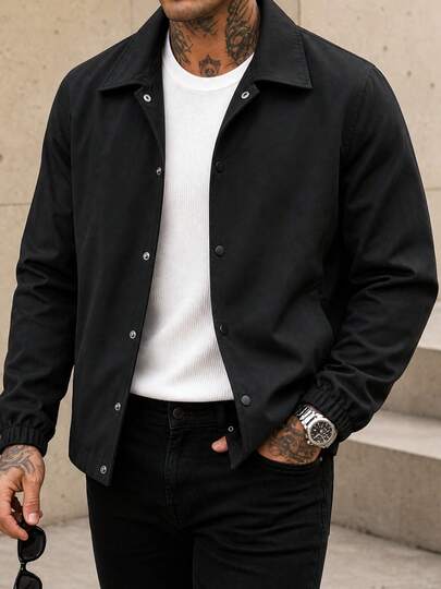 1pc Men's Black Lapel Jacket, Smooth Woven Fabric, Dirt-Resistant And Wrinkle-Resistant, Loose Drop Shoulder Fit, Solid Color Minimalist Casual Style, Suitable For Campus, Commute, Street, Couple Daily Wear