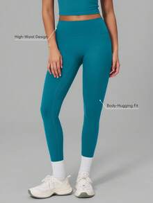 Sodalemon Women's Seamless Front Pilates Training Leggings, Solid Color Yoga Tight Pants, Running Outdoor Sports Pants - Teal Blue - View 2
