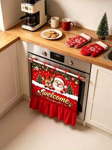 Christmas Oven Door Curtain, Santa Claus And Reindeer Welcome Print, Red Ruffle Trim Hanging Decor, Suitable For Kitchen, Holiday Party, Farmhouse Home Decor - D - View 7