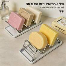 1pc Modern Minimalist Stainless Steel Wavy Soap Dish With Tray, Hollow Design, Prevents Soap Softening, Reversible Use, Easy To Switch, Convenient To Take, Easy To Clean, Keeps Countertop Dry, Suitable For Home Bathroom Soap Drain Rack - Multicolor - View 3